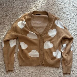 Heart Patterned Tan Cardigan Sweater